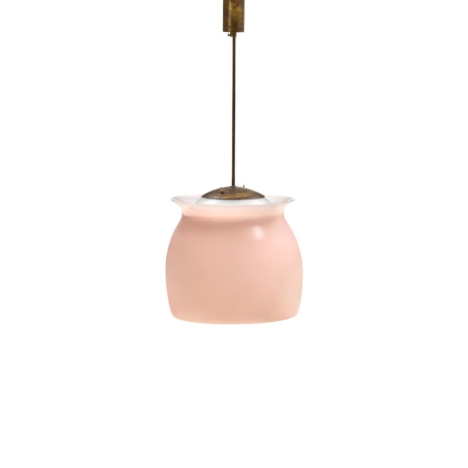 FRANCO ALBINI (1905-1977) FOR VENINI MODEL 4023 CEILING LIGHT Italy, circa 1955, polished brass,...: FRANCO ALBINI (1905-1977) FOR VENINI MODEL 4023 CEILING LIGHT Italy, circa 1955, polished brass, milk glass diffuser, cased colored glass spotlight reflector, unmarked, drop ht. 32 1/2, dia. 9 in. For