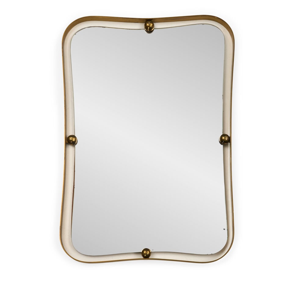 ITALIAN WALL MIRROR IN THE MANNER OF FONTANA ARTE circa 1950, brass, mirror plate, unmarked, ht.... (1 of 1)