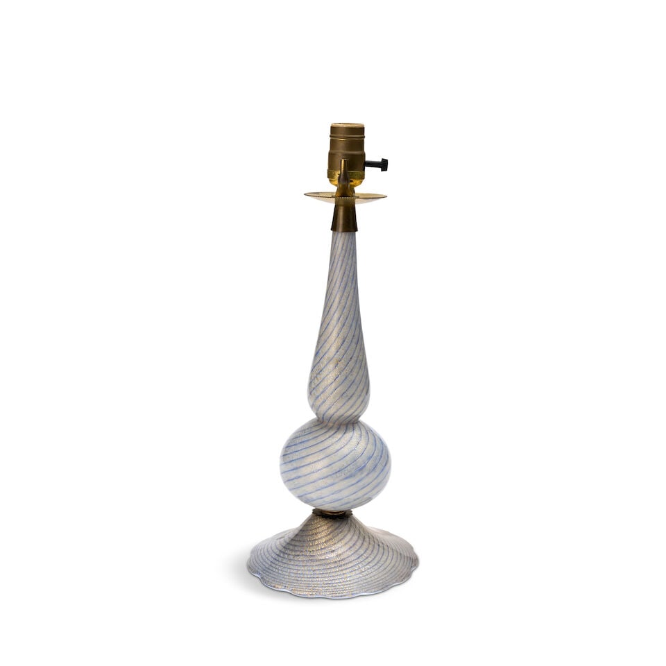BAROVIER & TOSO CORDONATO D'ORO TABLE LAMP Murano, Italy, circa 1950, blown glass, brass, single...: BAROVIER & TOSO CORDONATO D'ORO TABLE LAMP Murano, Italy, circa 1950, blown glass, brass, single socket, unmarked, ht. to top of base 14 in. This lot is subject to the following lot symbols: ¤ &#