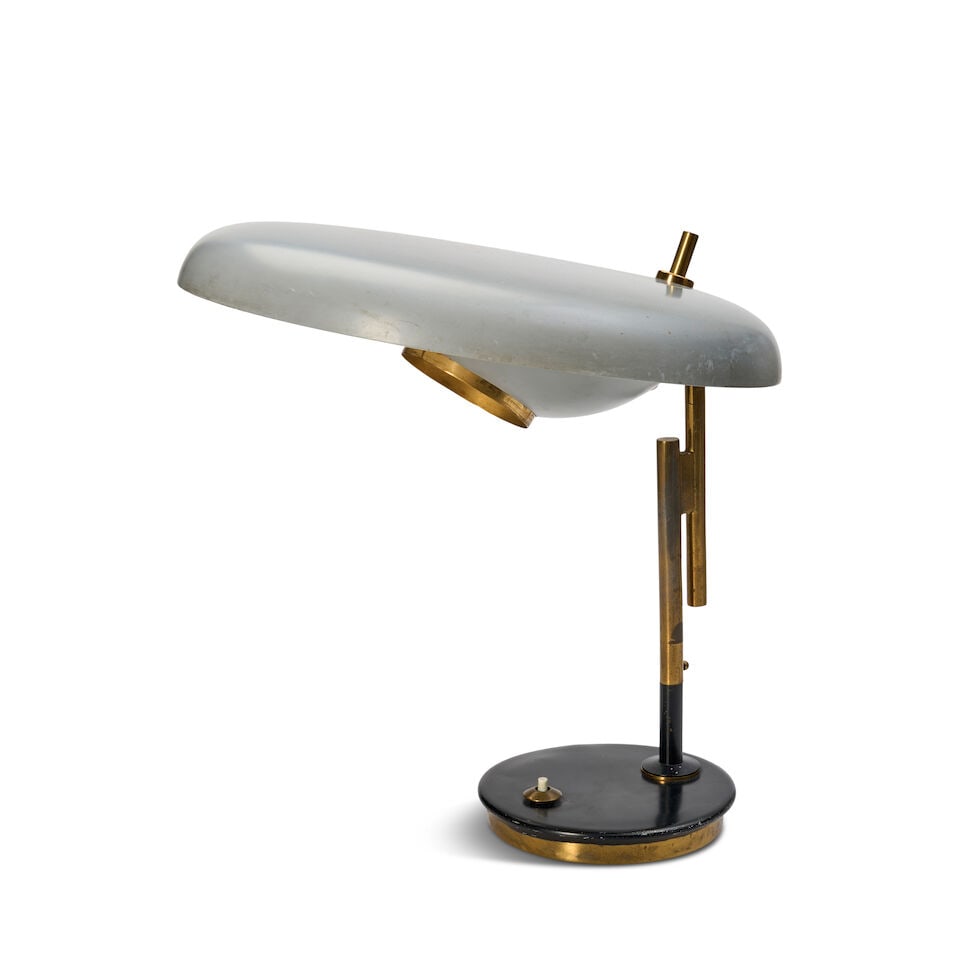 OSCAR TORLASCO (1934-2004) FOR LUMI MODEL 555 DESK LAMP Italy, circa 1955, lacquered brass, enam...: OSCAR TORLASCO (1934-2004) FOR LUMI MODEL 555 DESK LAMP Italy, circa 1955, lacquered brass, enameled aluminum, glass, single socket, unmarked, adjustable shade as shown ht. 15, shade dia. 15, base dia