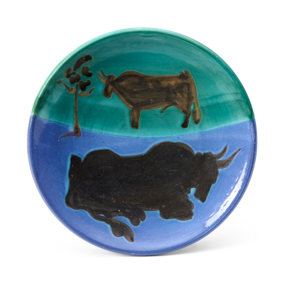 PABLO PICASSO (1881-1973) 'TOROS' PLATE Vallauris, France, Madoura Pottery, designed 1952, editi...: PABLO PICASSO (1881-1973) 'TOROS' PLATE Vallauris, France, Madoura Pottery, designed 1952, edition of 500, Ramie 161, earthenware with decoration in engobes and paraffin, incised mark 'Edition Picasso