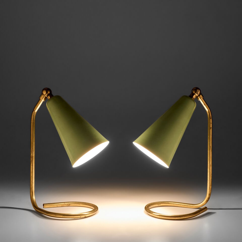 PAIR OF TABLE LAMPS ATTRIBUTED TO PIERRE GUARICHE circa 1950, enameled aluminum, lacquered brass... - 2