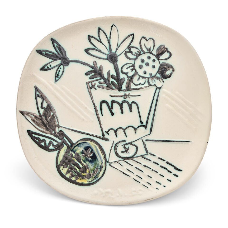 PABLO PICASSO (1881-1973) 'BOUQUET A LA POMME' PLATE Vallauris, France, Madoura Pottery, designe...: PABLO PICASSO (1881-1973) 'BOUQUET A LA POMME' PLATE Vallauris, France, Madoura Pottery, designed 1956, executed 1956, edition of 400, Ramie 307, earthenware with decoration in engobes and paraffin, d