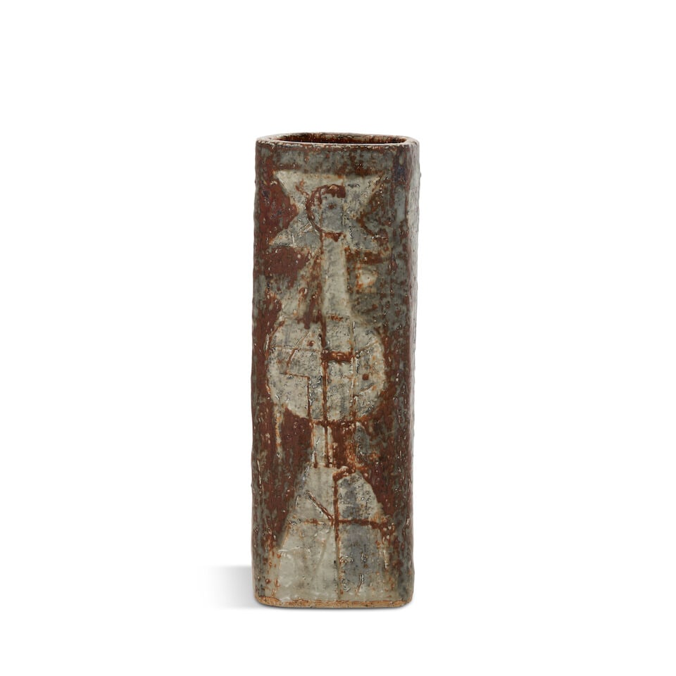 CARL-HARRY STALHANE (1920-1990) FOR RORSTRAND VASE Sweden, circa 1960, glazed stoneware decorate...: CARL-HARRY STALHANE (1920-1990) FOR RORSTRAND VASE Sweden, circa 1960, glazed stoneware decorated with stylized figures, incised mark 'R CH Stalhane Sweden 1590,' ht. 16 1/4 in. This lot is subject to