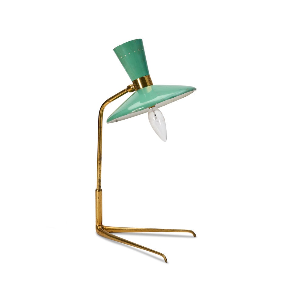 MID-CENTURY MODERN DESK LAMP Italy, circa 1950, enameled aluminum, lacquered brass, one candelab...: MID-CENTURY MODERN DESK LAMP Italy, circa 1950, enameled aluminum, lacquered brass, one candelabra-base socket, one intermediate-base socket, unmarked, height adjustable as shown, 17 1/4, base lg. 8 1