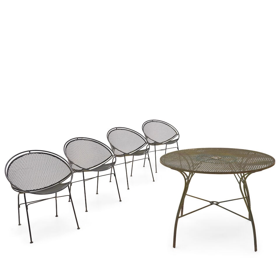 FOUR MAURIZIO TEMPESTINI (1908-1960) FOR SALTERINI 'RADAR' CHAIRS AND A TABLE United States, cir...: FOUR MAURIZIO TEMPESTINI (1908-1960) FOR SALTERINI 'RADAR' CHAIRS AND A TABLE United States, circa 1955, wrought iron, steel mesh, unmarked, chairs, ht. 29 1/2, seat ht. 17, wd. 25, dp. 20, table, ht.
