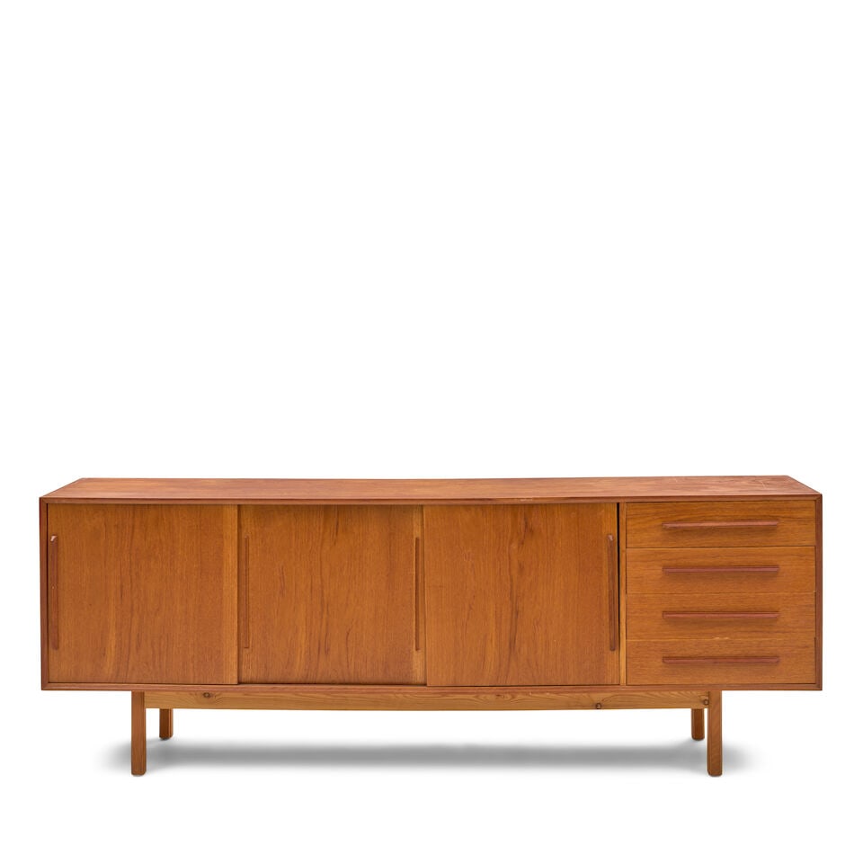 DANISH MID-CENTURY MODERN CREDENZA Denmark, circa 1960, teak veneer, teak, plywood, particle boa... (1 of 5)