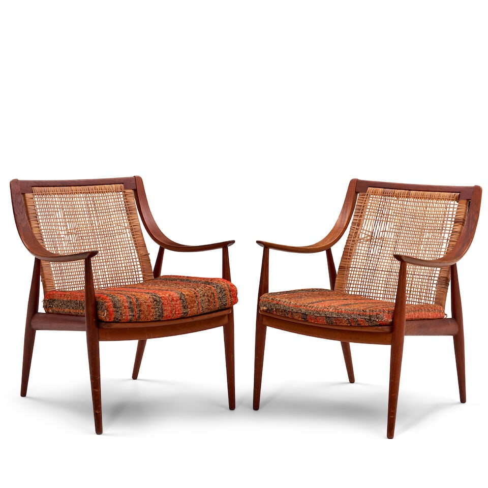 PAIR OF ORLA MØLGAARD-NIELSEN (1907-1993) AND PETER HVIDT (1916-1986) FOR FRANCE & SON FD14...: PAIR OF ORLA MØLGAARD-NIELSEN (1907-1993) AND PETER HVIDT (1916-1986) FOR FRANCE & SON FD146 ARMCHAIRS Denmark, circa 1960, walnut, cane, upholstery, unmarked, ht. 33, seat ht. 18, wd. 25, dp. 26