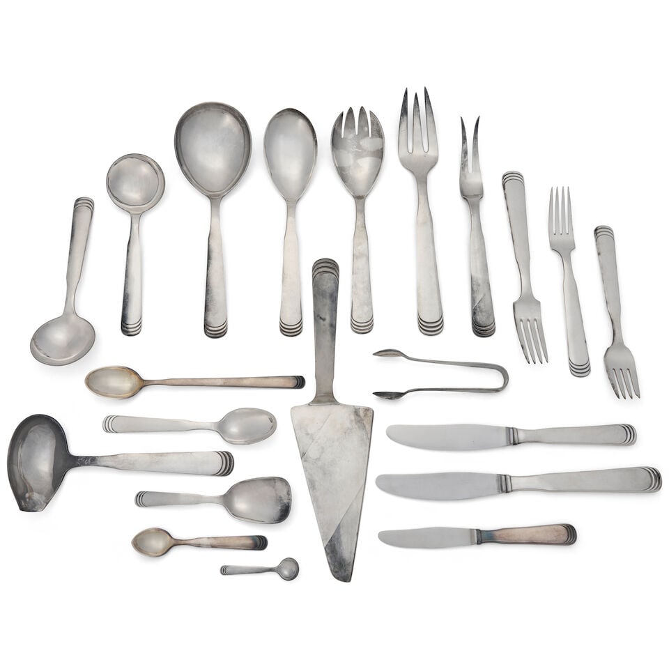 H. NILS FOR HANS HANSEN 'RIPPLE' PATTERN STERLING SILVER FLATWARE SERIVCE Denmark, circa 1963, t...: H. NILS FOR HANS HANSEN 'RIPPLE' PATTERN STERLING SILVER FLATWARE SERIVCE Denmark, circa 1963, twenty-four teaspoons, twelve each: dinner knives, luncheon knives, butter spreaders, dinner forks, lunch