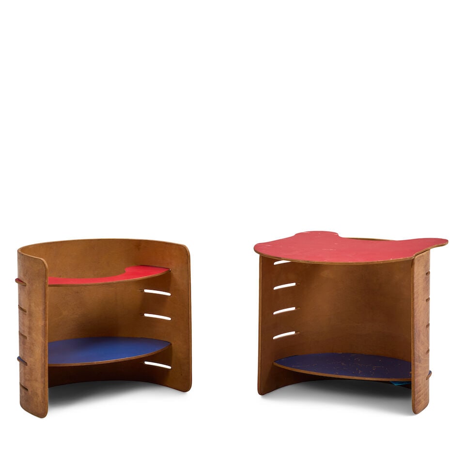 TWO KRISTIAN VEDEL (1923-2003) FOR TORBEN ORSKOV & CO CHILD'S CHAIRS Denmark, designed 1957, mol...: TWO KRISTIAN VEDEL (1923-2003) FOR TORBEN ORSKOV & CO CHILD'S CHAIRS Denmark, designed 1957, molded beech plywood, enameled plywood, unmarked, frame ht. 16, wd. 17 1/4, dp. 12, with four inserts that 