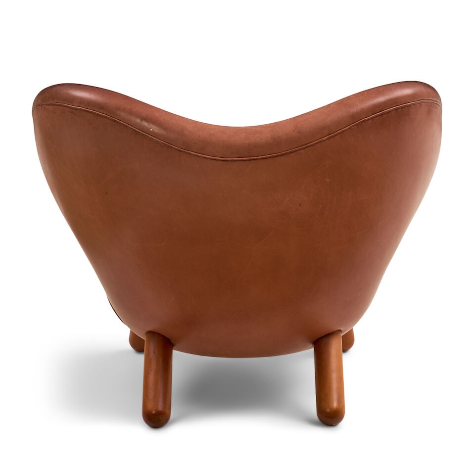 'PELICAN' CHAIR AFTER FINN JUHL probably Denmark, circa 2000, leather upholstery, wood legs, unm... - 2