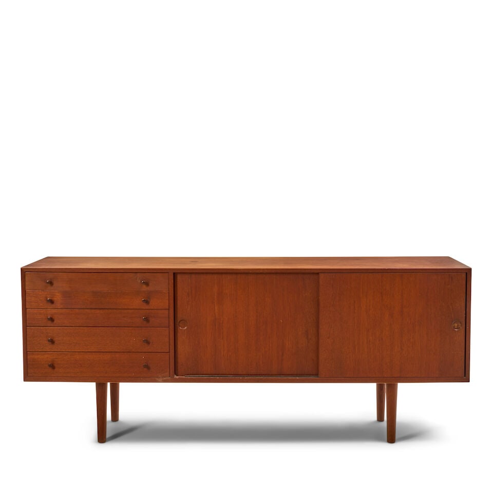 HANS J. WEGNER (1914-2007) FOR JOHANNES HANSEN MODEL JH577 CREDENZA Denmark, circa 1962, teak ve...: HANS J. WEGNER (1914-2007) FOR JOHANNES HANSEN MODEL JH577 CREDENZA Denmark, circa 1962, teak veneer, teak, oak secondary wood, unmarked, ht. 31, wd. 77, dp. 19 in. Footnotes: Condition: Minor scuffs,