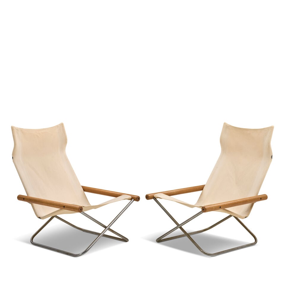 PAIR OF TAKESHI NII (1920-2007) 'NYCHAIR X' FOLDING CHAIRS Japan, circa 1975, canvas fabric, chr...: PAIR OF TAKESHI NII (1920-2007) 'NYCHAIR X' FOLDING CHAIRS Japan, circa 1975, canvas fabric, chromed steel, maple, unmarked, ht. 34, seat ht. 13, wd. 24, dp. 29 in. For further information on this lot