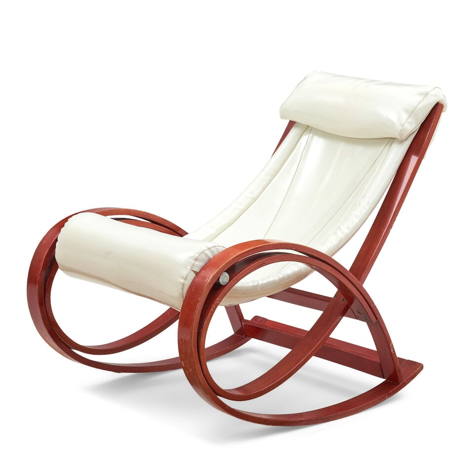 GAE AULENTI (1927-2012) FOR POLTRONOVA 'SGARSUL' ROCKING CHAIR Italy, circa 1962, lacquered beec...: GAE AULENTI (1927-2012) FOR POLTRONOVA 'SGARSUL' ROCKING CHAIR Italy, circa 1962, lacquered beechwood, vinyl upholstery, unmarked, ht. 34 1/2, seat ht. 21, wd. 28 3/4, dp. 41 1/2 in. For further infor