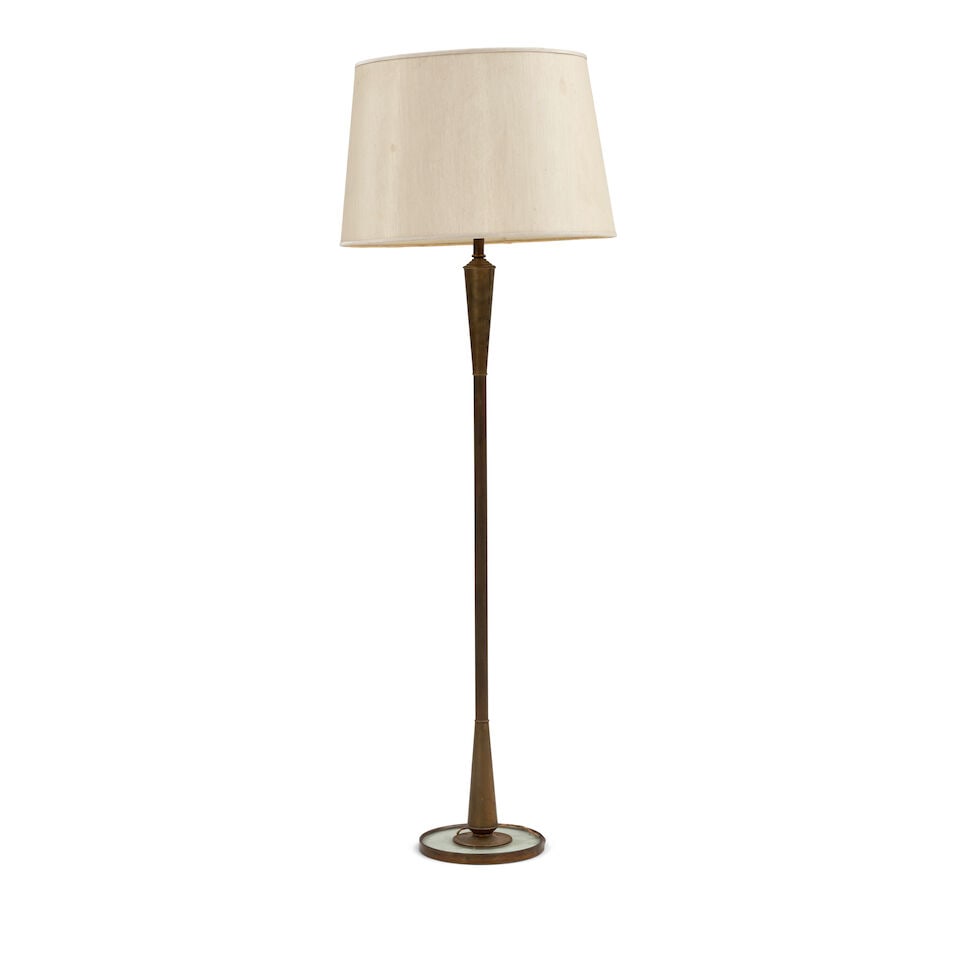 MID-CENTURY MODERN FLOOR LAMP circa 1945, brass, glass, enameled aluminum, three sockets, unmark... (1 of 1)
