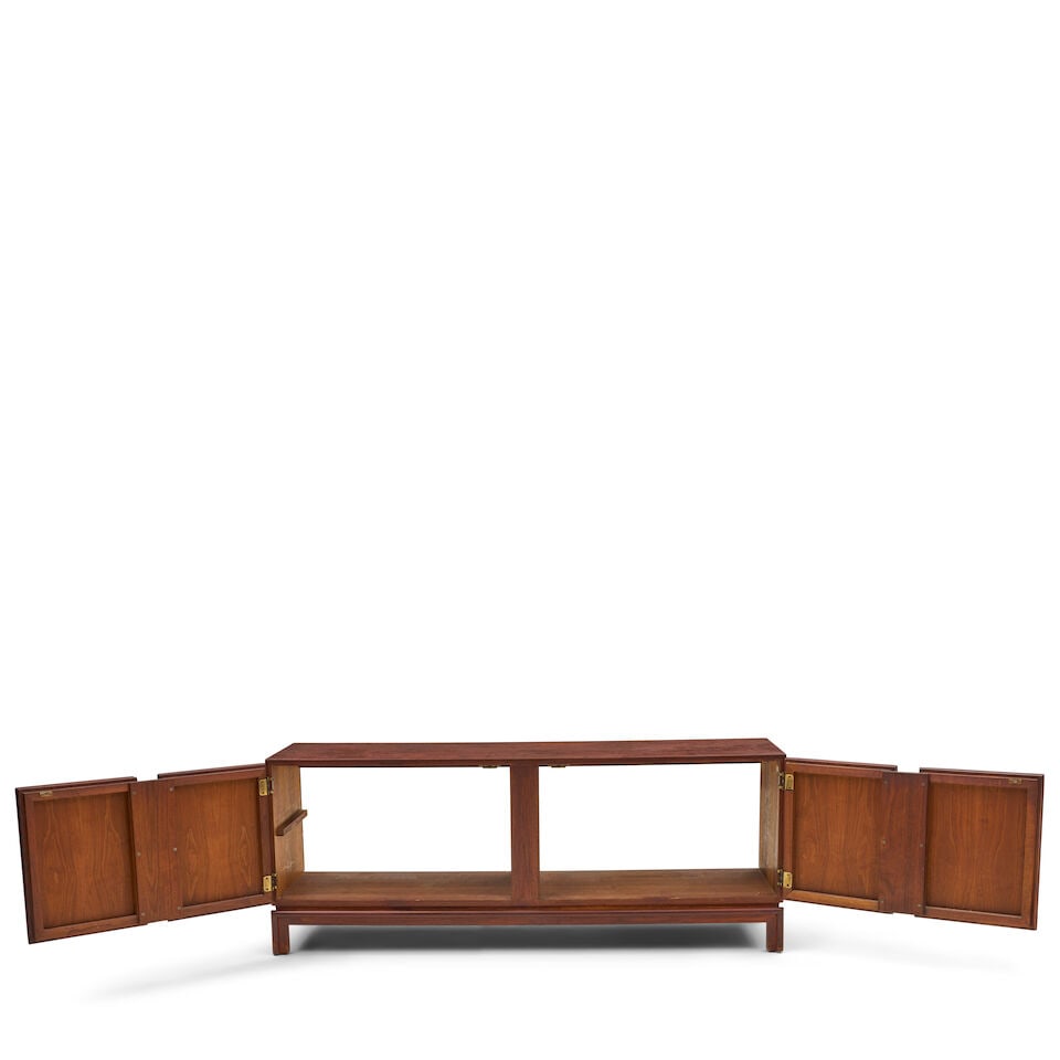MID-CENTURY MODERN CREDENZA circa 1960, walnut, unmarked, two doors open to interiors designed f... - 2