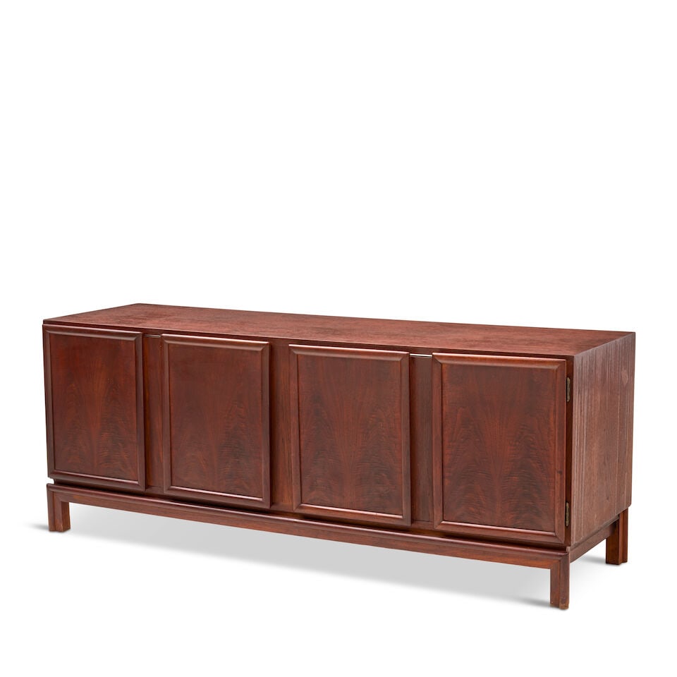 MID-CENTURY MODERN CREDENZA circa 1960, walnut, unmarked, two doors open to interiors designed f... - 3