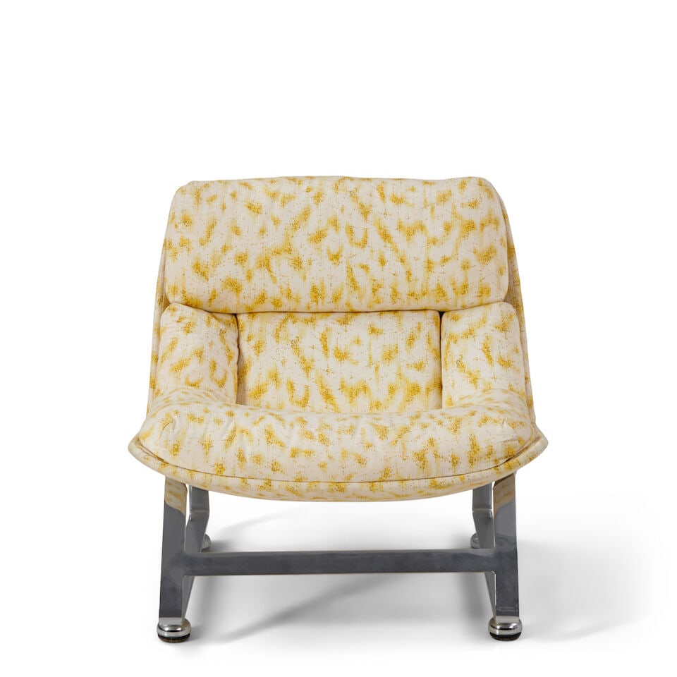 MILO BAUGHMAN-STYLE SCOOP LOUNGE CHAIR circa 1970, upholstery, chromed steel, unmarked, ht. 27 1... - 3