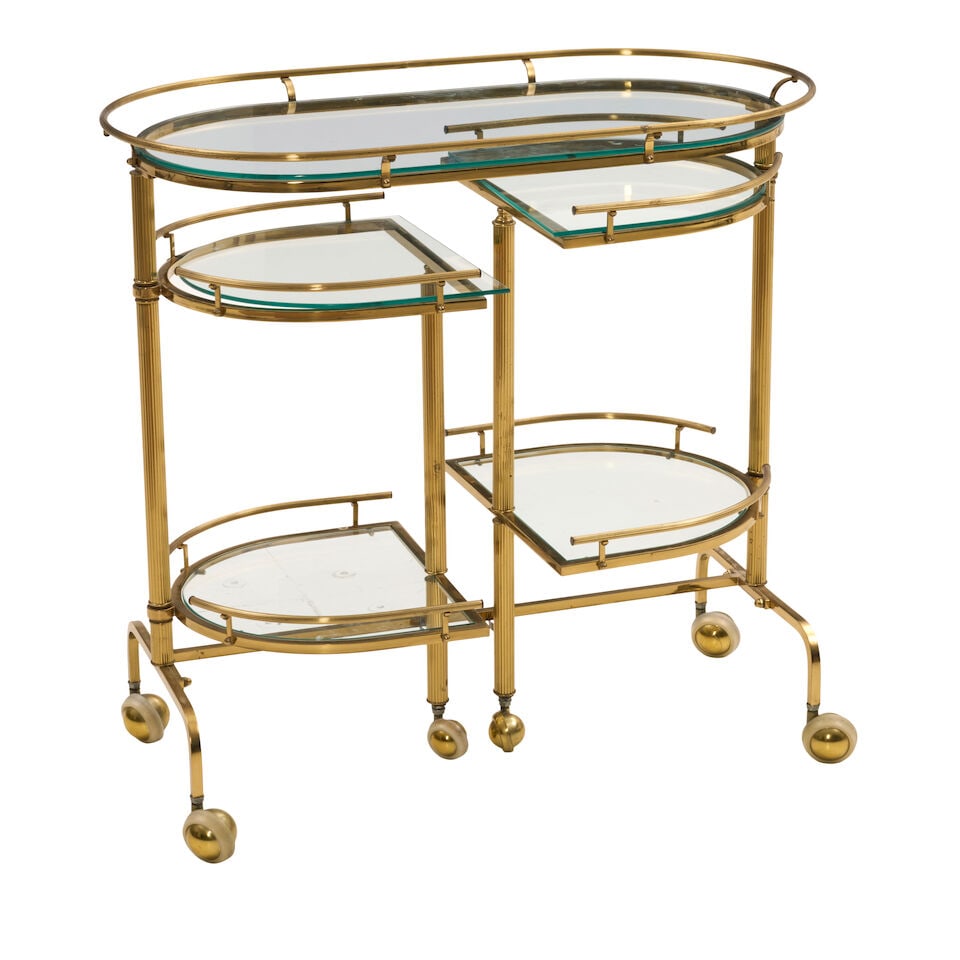 HOLLYWOOD REGENCY DRINKS TROLLEY United States, circa 1960, lacquered brass, glass, Shepherd bal... - 2