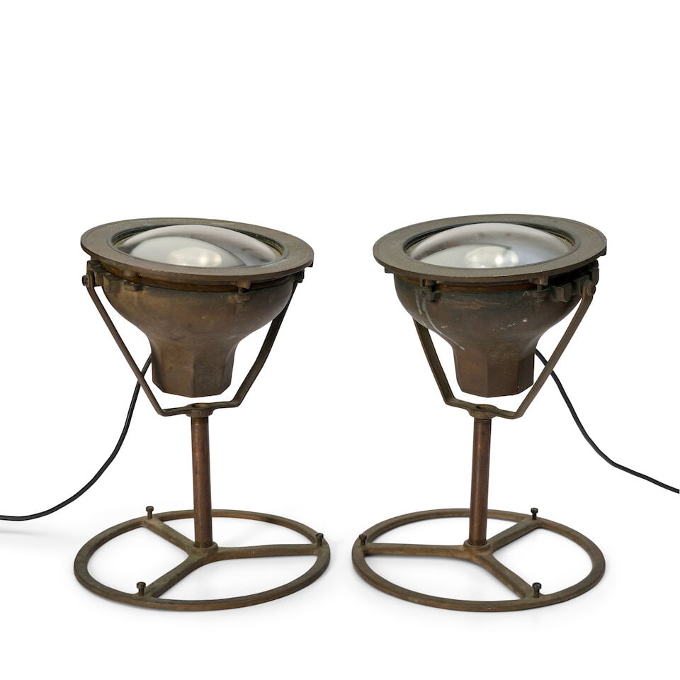 PAIR OF KIM MANUFACTURING CO. INDUSTRIAL LAMPS El Monte, California, circa 1960, bronze, glass, ...: PAIR OF KIM MANUFACTURING CO. INDUSTRIAL LAMPS El Monte, California, circa 1960, bronze, glass, single sockets, molded maker's mark, can be used as floor or table lamps, ht. 15, top dia. 10 1/2, base 