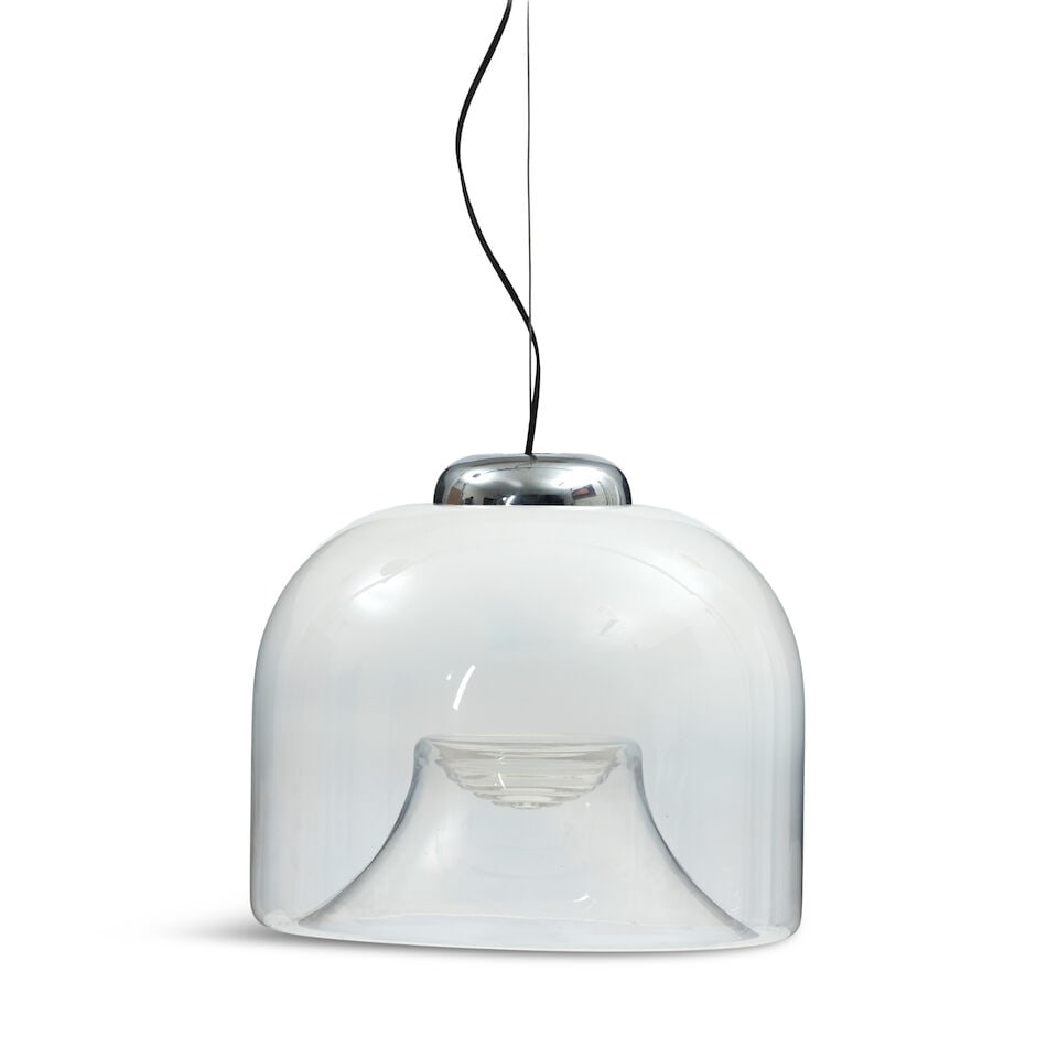 PENDANT FIXTURE IN THE MANNER OF CARLO NASON probably Italy, circa 1970, glass, chromed steel, s...: PENDANT FIXTURE IN THE MANNER OF CARLO NASON probably Italy, circa 1970, glass, chromed steel, steel wire, single socket, canopy, hardwired, adjustable drop, unmarked, fixture ht. 14, dia 16 in. This 