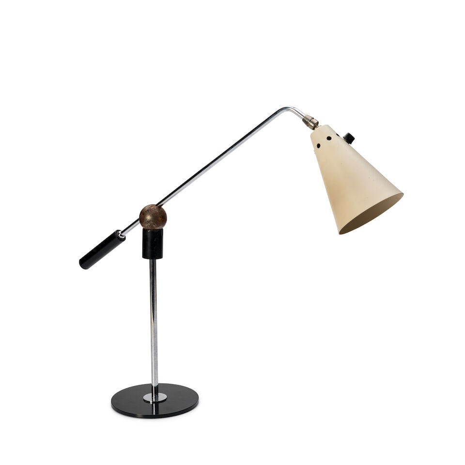 GILBERT WATROUS (1918-1991) FOR HEIFETZ MANUFACTURING TABLE LAMP United States, circa 1950, enam...: GILBERT WATROUS (1918-1991) FOR HEIFETZ MANUFACTURING TABLE LAMP United States, circa 1950, enameled aluminum, chromed steel, magnet, single socket, unmarked, adjustable as shown ht. 20, lg. 26 in. Fo
