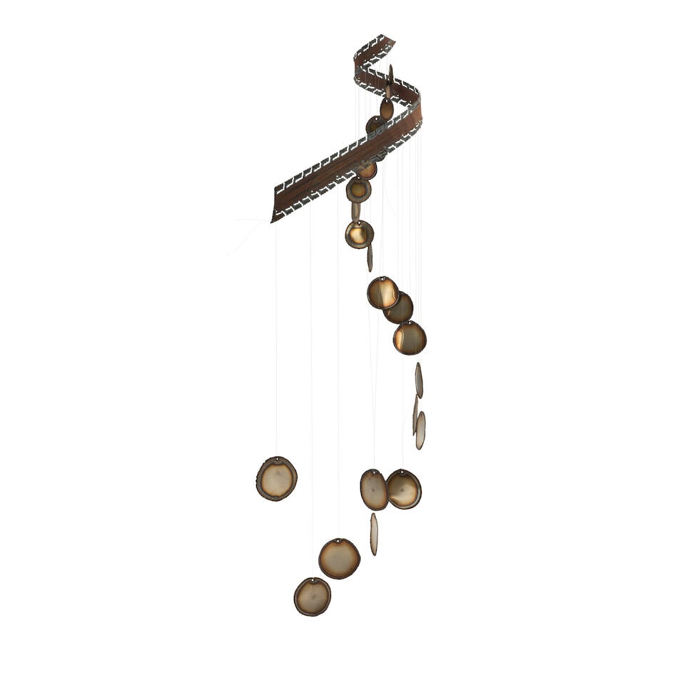 BRUTALIST KINETIC SCULPTURE probably United States, circa 1970, torch-cut steel and stainless st...: BRUTALIST KINETIC SCULPTURE probably United States, circa 1970, torch-cut steel and stainless steel, monofilament line, unmarked, approx. ht. 52, wd. 12, dp. 7 in. This lot is subject to the following