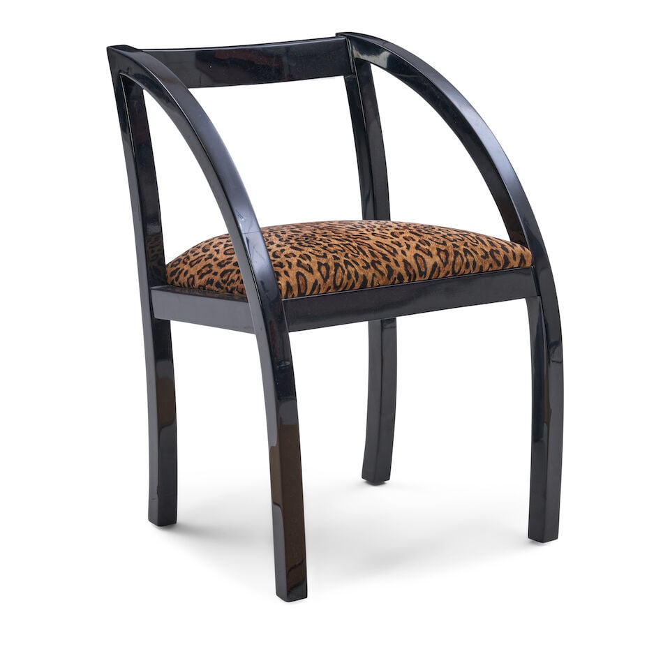 'D' CHAIR IN THE MANNER OF PAUL FRANKL United States, circa 1980, lacquered wood, upholstery, un... (1 of 3)