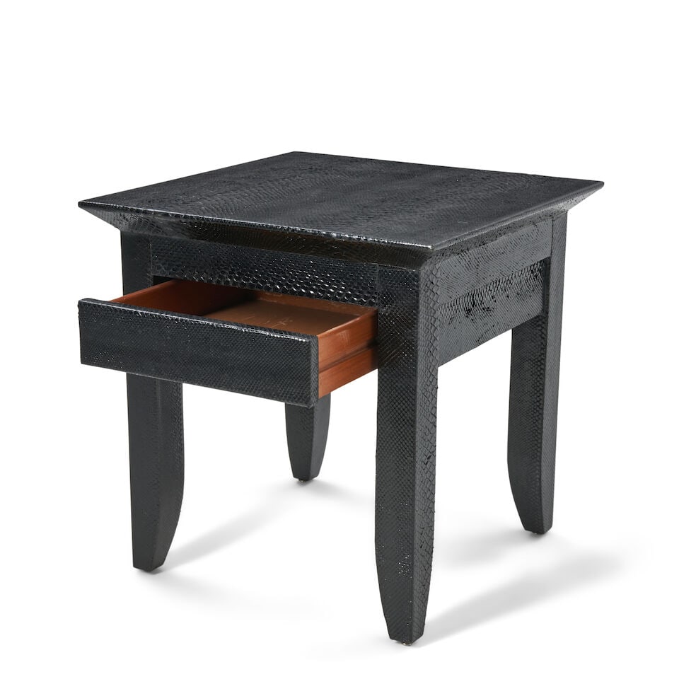 KARL SPRINGER (1931-1991) 'BRISTOL' SIDE TABLE New York, circa 1985, wood, snakeskin, single dra... - 2