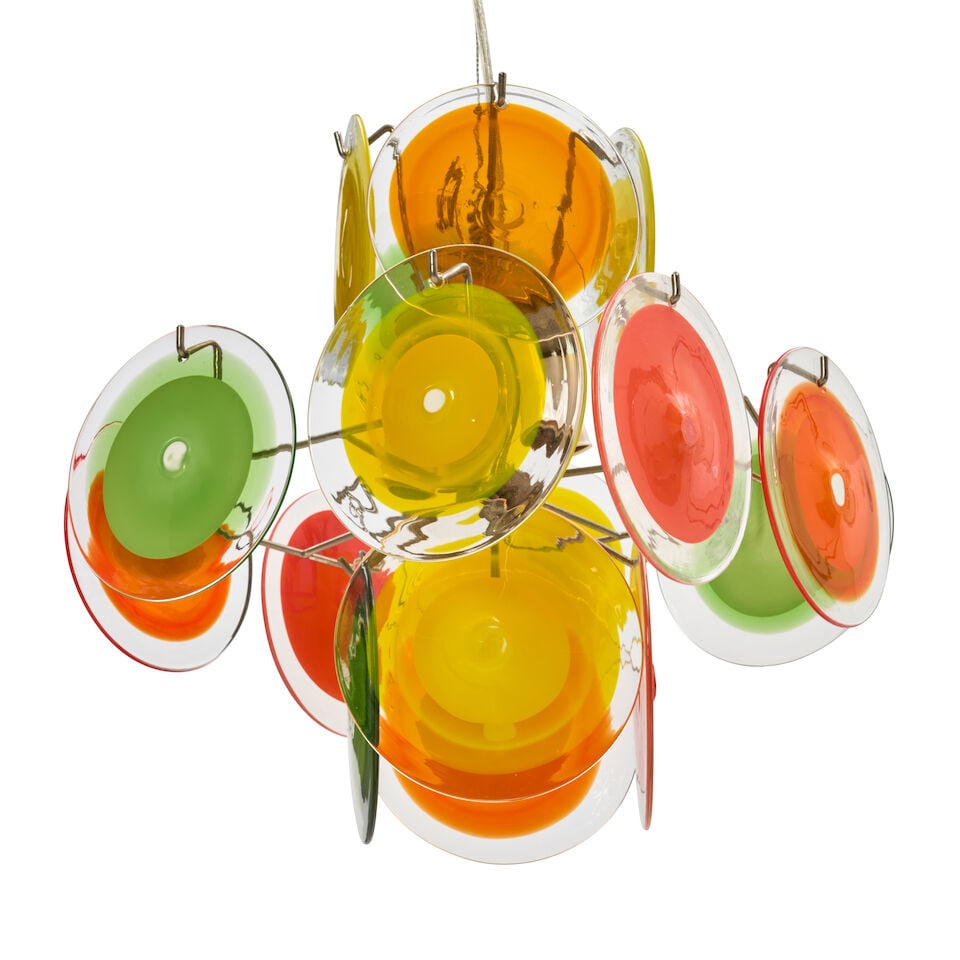 GINO VISTOSI (1925-1980) FOR VISTOSI DISC CHANDELIER Murano, Italy, circa 1965, polished nickel,...: GINO VISTOSI (1925-1980) FOR VISTOSI DISC CHANDELIER Murano, Italy, circa 1965, polished nickel, Murano glass, four sockets, unmarked, ht. 15, dia. 13 in. For further information on this lot please vi