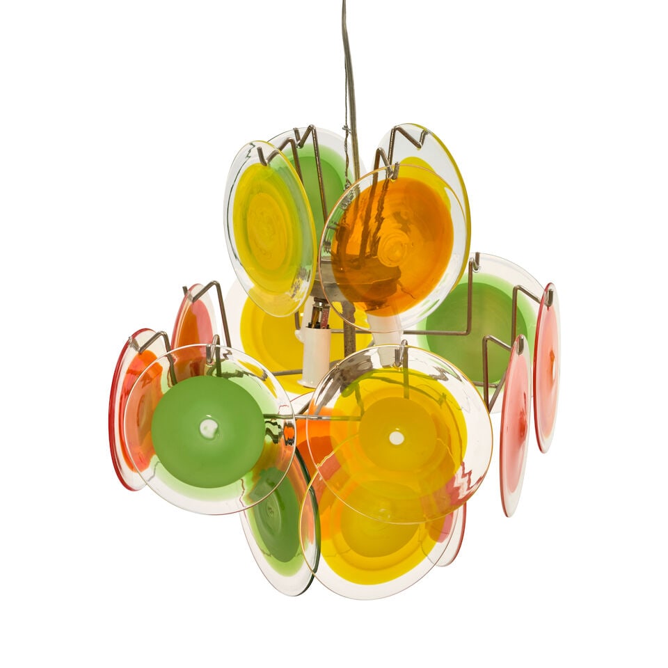 GINO VISTOSI (1925-1980) FOR VISTOSI DISC CHANDELIER Murano, Italy, circa 1965, polished nickel,... - 2