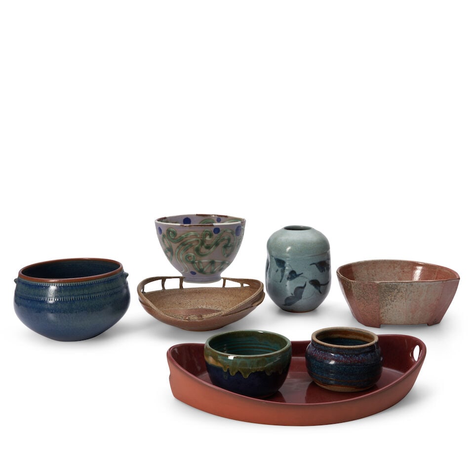 EIGHT STUDIO POTTERY VESSELS United States, late 20th/early 21st century, all glazed ceramic, bo...: EIGHT STUDIO POTTERY VESSELS United States, late 20th/early 21st century, all glazed ceramic, bowl with drip-glaze rim, Laura Viren, LuLu Pottery, Boseman, Montana, impressed and ink marks, ht. 2 5/8,