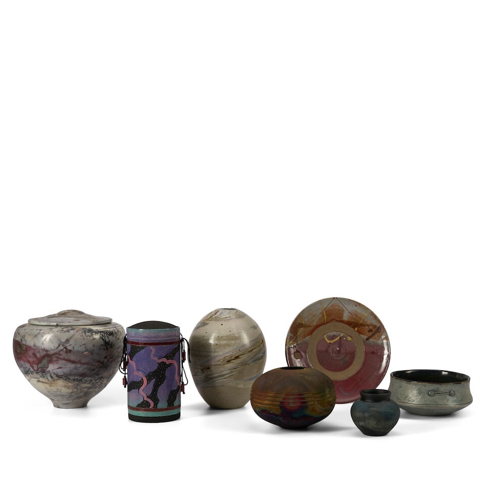 SEVEN STUDIO POTTERY VESSELS late 20th/early 21st century, Ed Risak vase, raku-fired stoneware, ... (1 of 3)