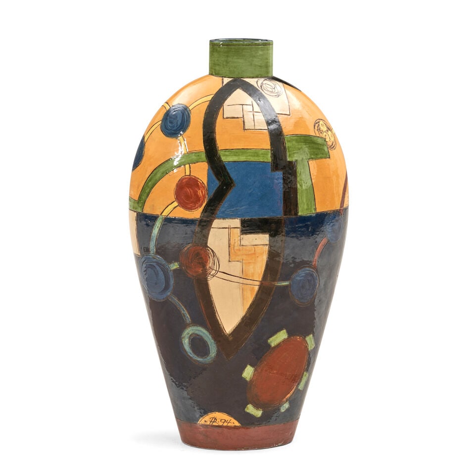 PEDER RASMUSSEN (BORN 1948) FLOOR VASE Denmark, dated 1994, incised and polychrome glazed earthe...: PEDER RASMUSSEN (BORN 1948) FLOOR VASE Denmark, dated 1994, incised and polychrome glazed earthenware, painted mark 'PR 94,' ht. 34, approx. wd. 16, approx. dp. 8 in. Footnotes: Provenance Bruun-Rassm