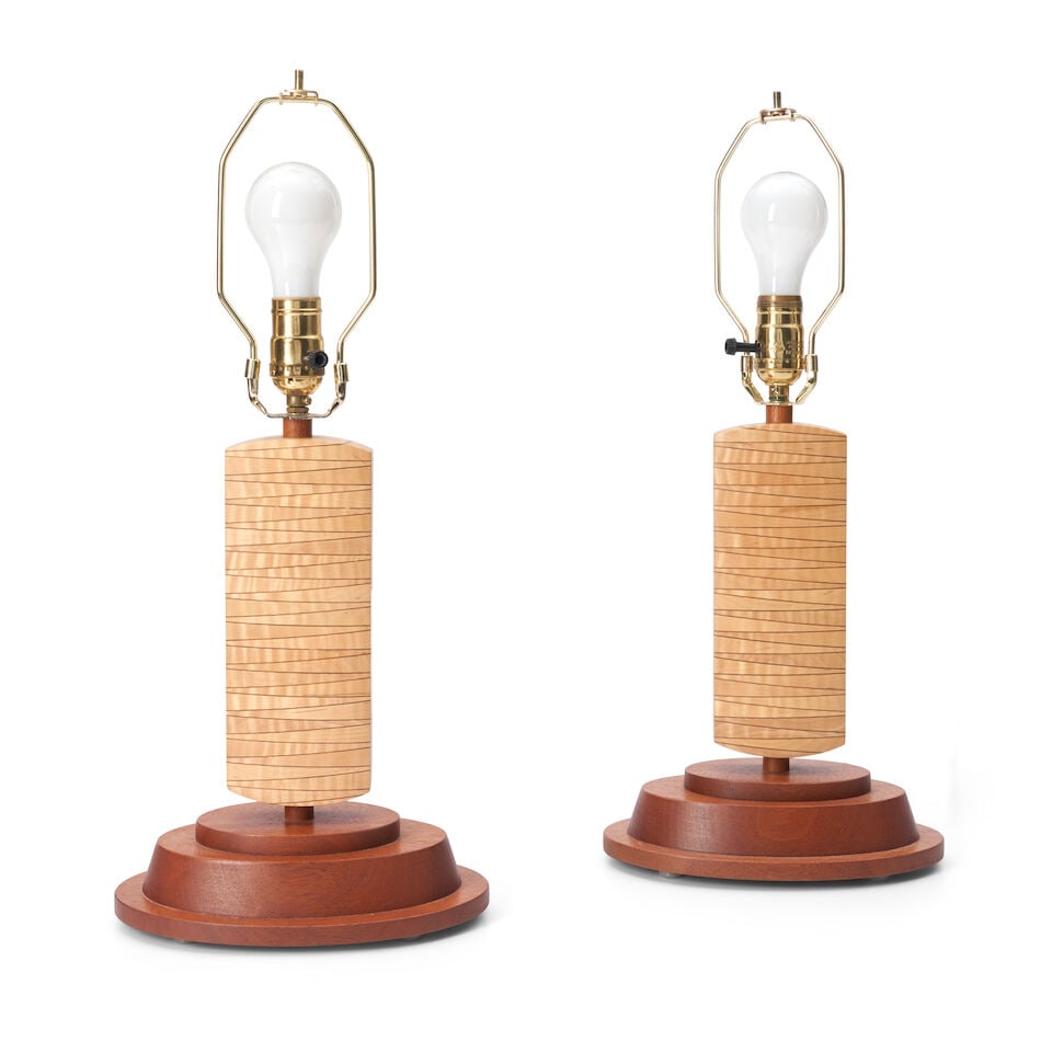 PAIR OF STUDIO FURNITURE TABLE LAMPS United States, dated 2009, walnut, laminated curly maple, s... - 2