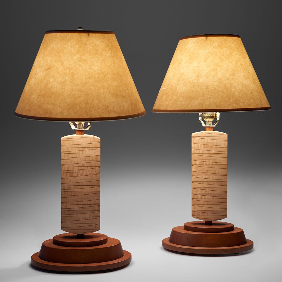 PAIR OF STUDIO FURNITURE TABLE LAMPS United States, dated 2009, walnut, laminated curly maple, s... - 3