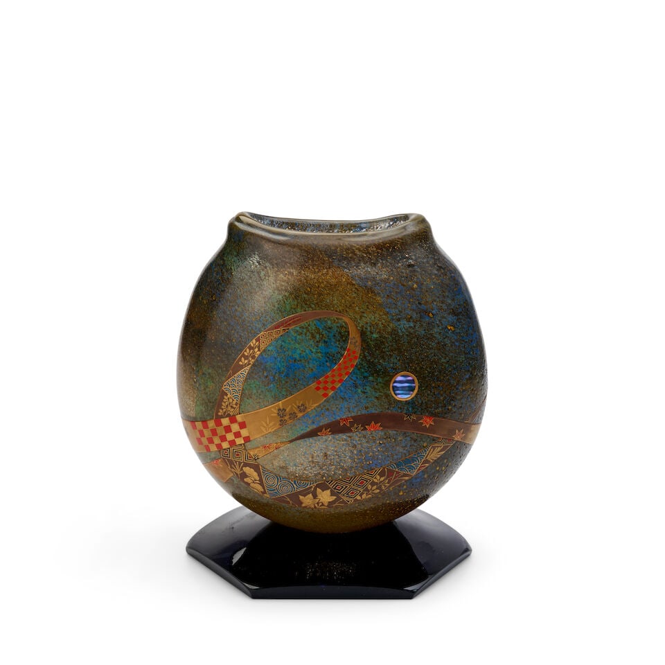 YOSHIHIRO NAKANO 'ONE NIGHT I DREAMT ABOUT THE UNTIED OBI' VASE Japan, circa 1990, blown glass, ...: YOSHIHIRO NAKANO 'ONE NIGHT I DREAMT ABOUT THE UNTIED OBI' VASE Japan, circa 1990, blown glass, lacquer and mother-of-pearl, signed with artist's cipher, ht. 9 3/4 in. Footnotes: Provenance A Private 