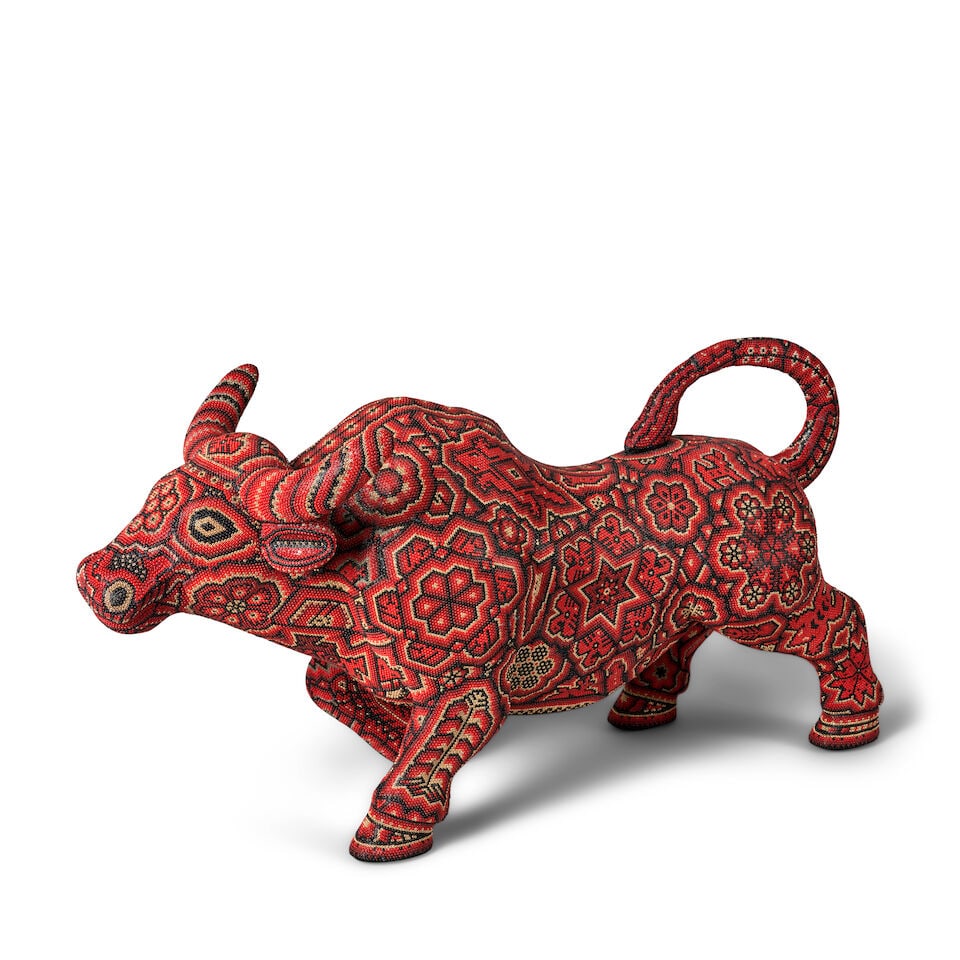 RICK WOLFRYD 'CHROMA' (BORN 1953) 'EL TORO: RED BULL' Mexico, 2025, Huichol beads on polymer for... (1 of 3)