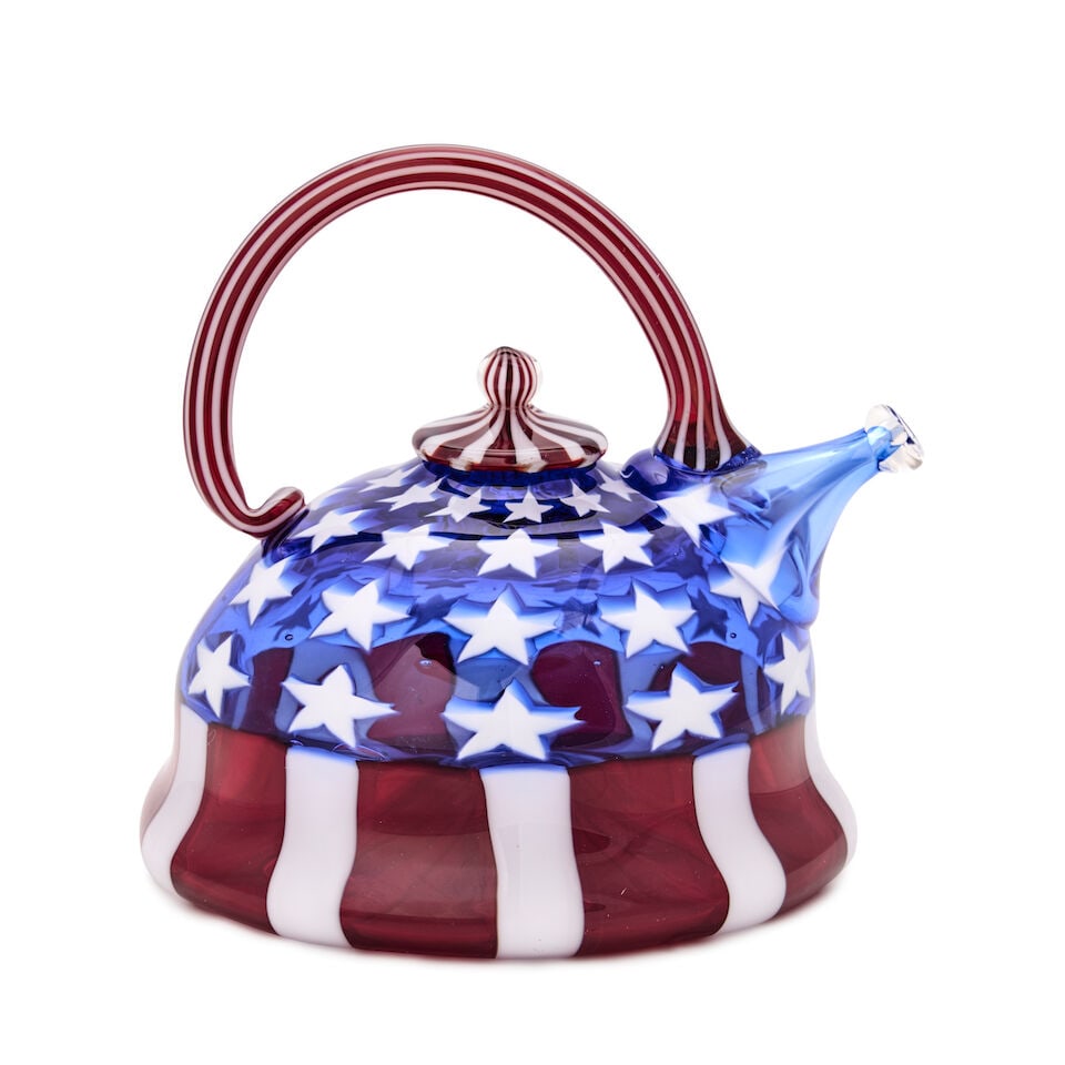 RICHARD MARQUIS (BORN 1945) 'STARS AND STRIPES TEAPOT' Washington, 1997, blown glass, incised ar...: RICHARD MARQUIS (BORN 1945) 'STARS AND STRIPES TEAPOT' Washington, 1997, blown glass, incised artist's signature '© 1997 Marquis,' ht. 5 1/2 in. Footnotes: Provenance A Private New England Collec