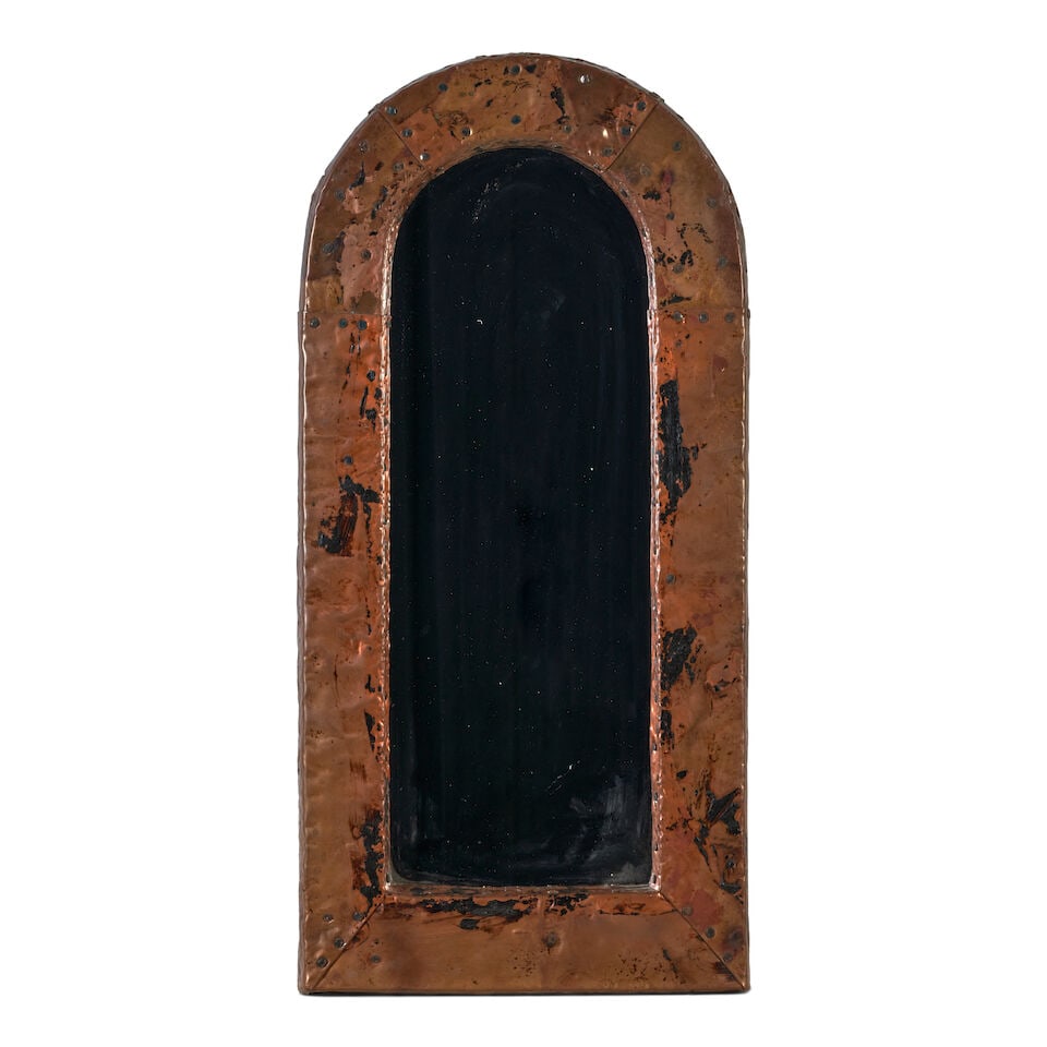 PETER DIEPENBROCK (20TH/21ST CENTURY) ARCH MIRROR Rhode Island, dated 1989, patinated copper and...: PETER DIEPENBROCK (20TH/21ST CENTURY) ARCH MIRROR Rhode Island, dated 1989, patinated copper and steel tacks over wood frame, mirror glass, signed and dated, ht. 25 3/4, wd. 12 1/2, dp. 1 1/4 in. For 