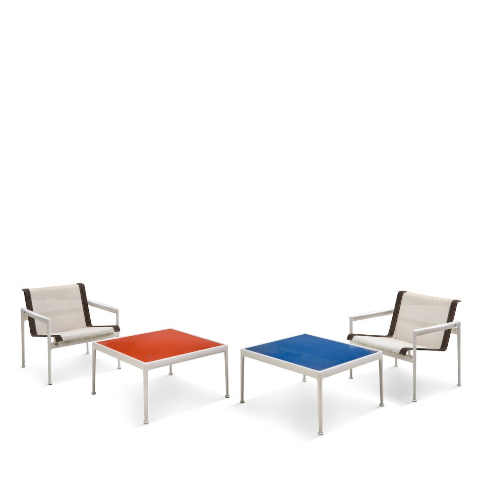 TWO RICHARD SCHULTZ (1926-2021) FOR KNOLL ASSOCIATES ARMCHAIRS AND TWO SIDE TABLES United States...: TWO RICHARD SCHULTZ (1926-2021) FOR KNOLL ASSOCIATES ARMCHAIRS AND TWO SIDE TABLES United States, designed 1996, enameled aluminum and steel, mesh, stitched leather, wood, fabric Schultz labels on mes