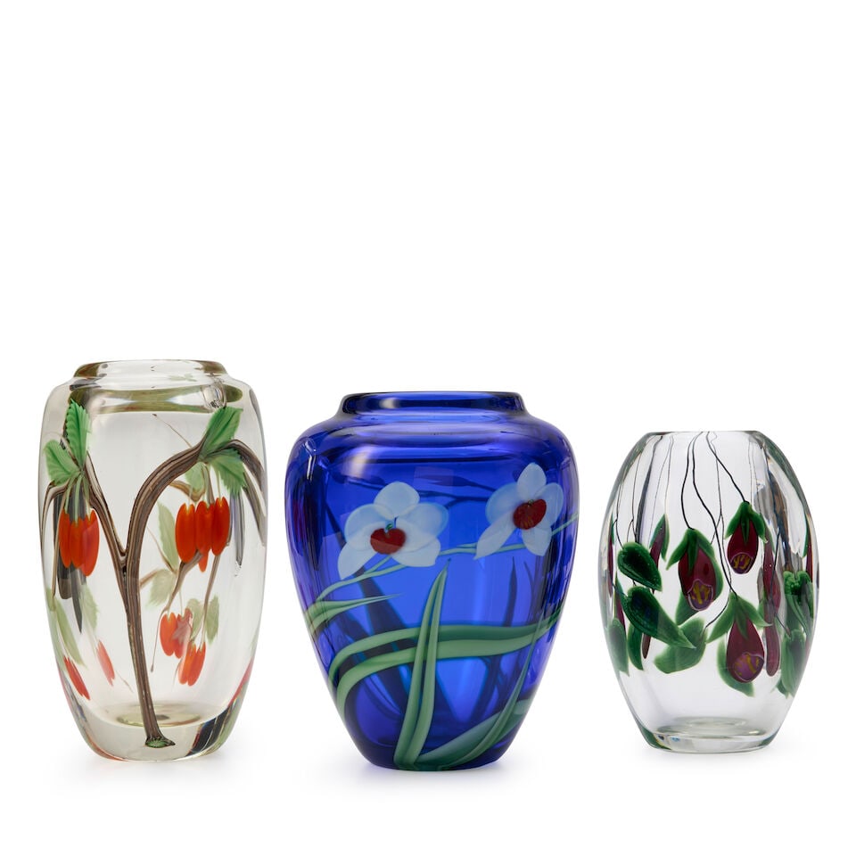 THREE ART GLASS VASES California, 1980s, blown glass, Orient & Flume Cherry Tree vase, 1984, inc... (1 of 3)