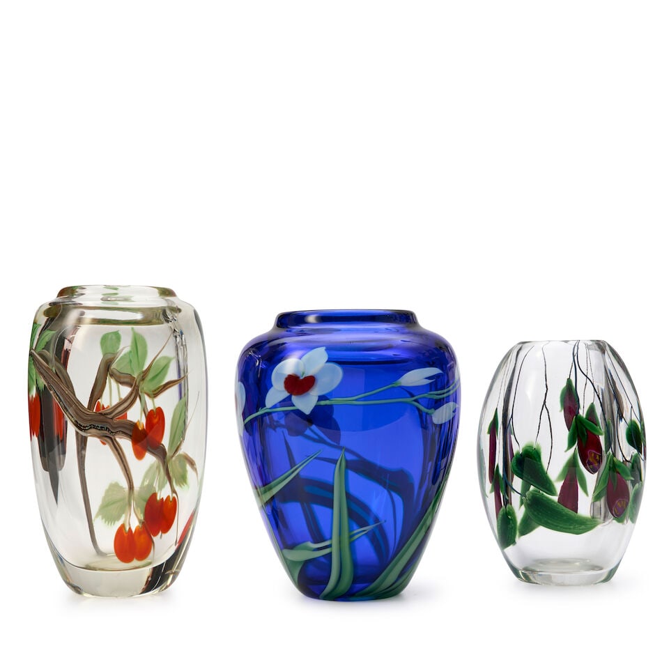 THREE ART GLASS VASES California, 1980s, blown glass, Orient & Flume Cherry Tree vase, 1984, inc... - 3
