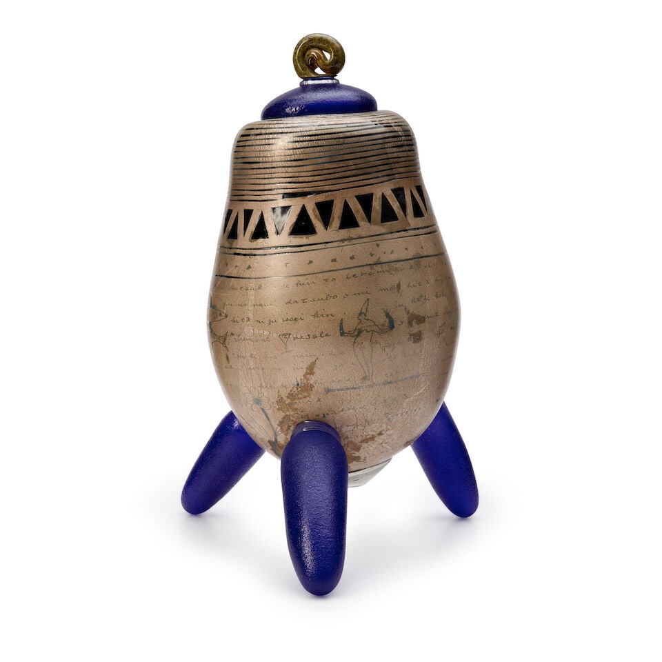 COVERED GLASS VESSEL ATTRIBUTED TO HIROSHI YAMANO late 20th century, copper electroplated, blown... (1 of 4)