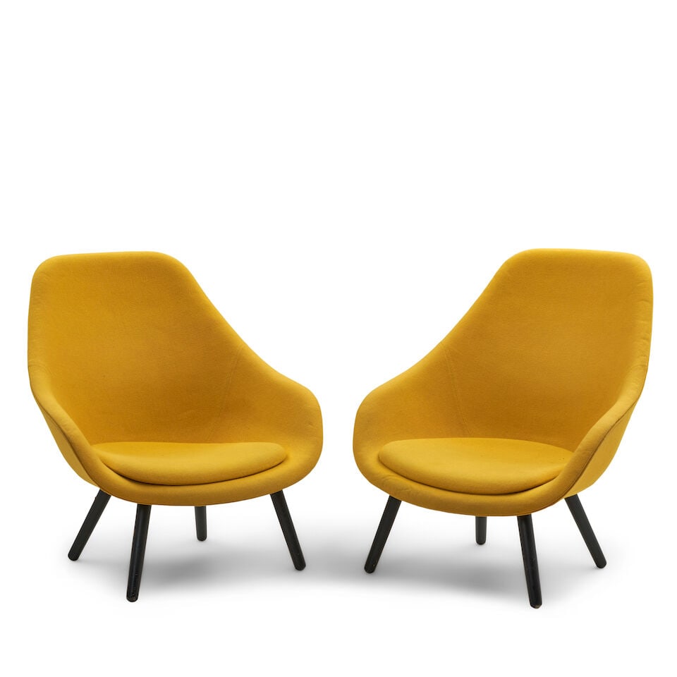 HEE WELLING (BORN 1974) FOR HAY PAIR OF AAL 82 SOFT CHAIRS Horsens, Denmark, designed 2010, wool...: HEE WELLING (BORN 1974) FOR HAY PAIR OF AAL 82 SOFT CHAIRS Horsens, Denmark, designed 2010, wool upholstery, black-lacquered oak, polyurethane foam, unmarked, ht. 38 1/2, seat ht. 15 1/2, dp. 23 1/2, 