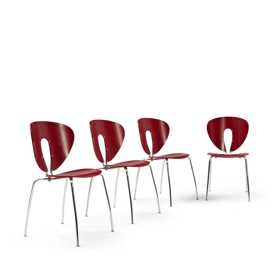 FOUR JESUS GASCA (BORN 1939) FOR STUA 'GLOBUS' SIDE CHAIRS Spain, designed 1994, plywood, chrome...: FOUR JESUS GASCA (BORN 1939) FOR STUA 'GLOBUS' SIDE CHAIRS Spain, designed 1994, plywood, chromed steel, plastic, paper maker's labels 'Globus design Jesus Gasca Stua Contemporary Furniture Collection
