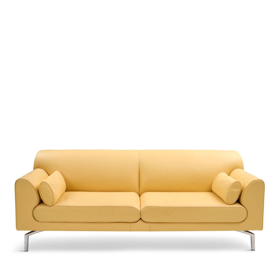 LUCIANO PAGANI AND ANGELO PERVERSI FOR POLTRONA FRAU 'EOS' TWO-SEAT SOFA Italy, circa 2000, leat...: LUCIANO PAGANI AND ANGELO PERVERSI FOR POLTRONA FRAU 'EOS' TWO-SEAT SOFA Italy, circa 2000, leather, aluminum, under upholstery with woven maker's mark, ht. 32 1/2, seat ht. 17, wd. 84, dp. 33 in. Foo