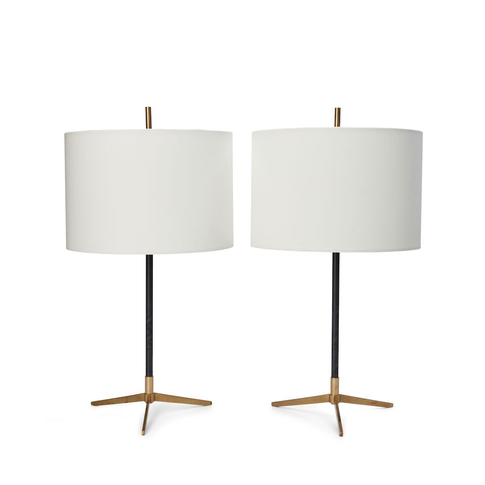 PAIR OF THOMAS O'BRIEN (BORN 1961) FOR VISUAL COMFORT 'CARON' TABLE LAMPS United States, early 2...: PAIR OF THOMAS O'BRIEN (BORN 1961) FOR VISUAL COMFORT 'CARON' TABLE LAMPS United States, early 21st century, brass, each with two pull-chain sockets, maker's marks, ht. 26 1/2, original shades, linen 