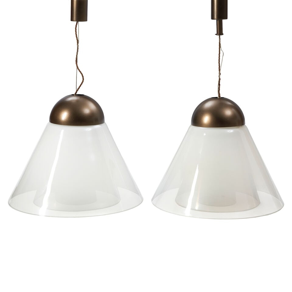 PAIR OF PENDANT LAMPS AFTER CARLO NASON early 21st century, glass, patinated metal, single bayon... (1 of 2)