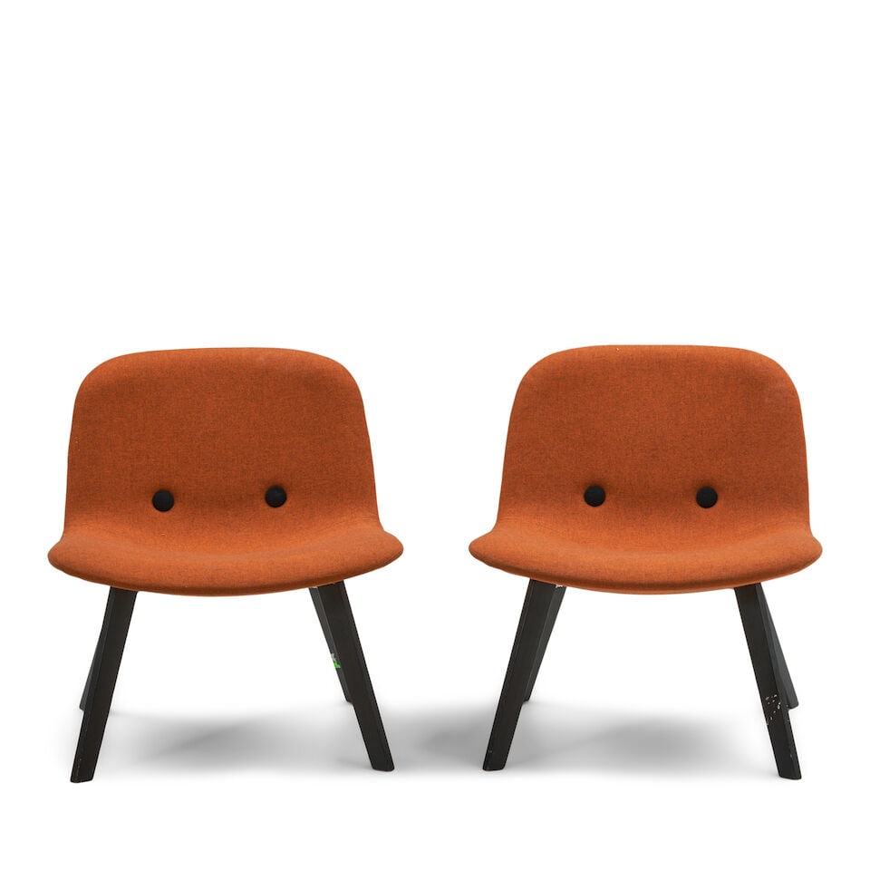 PAIR OF JOHANNES FOERSOM AND PETER HIORT-LORENZEN FOR ERIK JØRGENSEN EJ 3 'EYE' CHAIRS Denm...: PAIR OF JOHANNES FOERSOM AND PETER HIORT-LORENZEN FOR ERIK JØRGENSEN EJ 3 'EYE' CHAIRS Denmark, designed 2007, ebonized oak, wool upholstery, foam, manufacturer's label, ht. 28, seat ht. 15, wd. 
